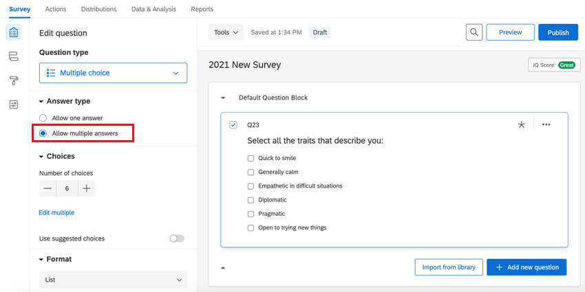 the allow multiple answer toggle on a multiple choice question