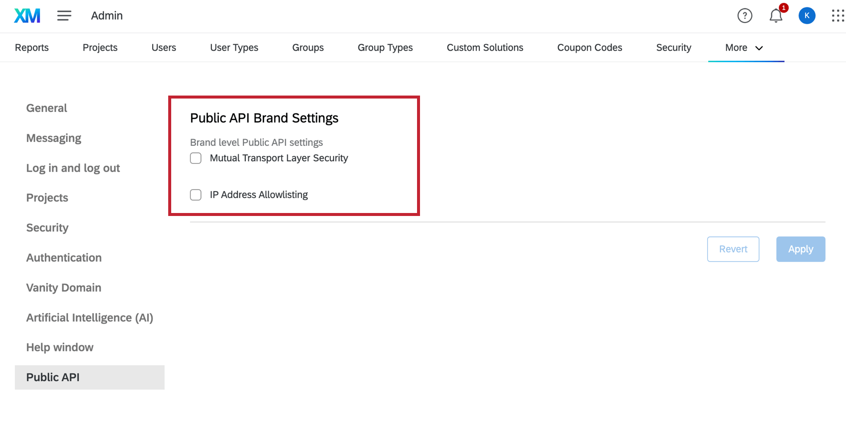 the public api tab in organization settings