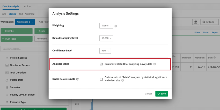 Bild der Option für den Analysemodus in den Analyseeinstellungen