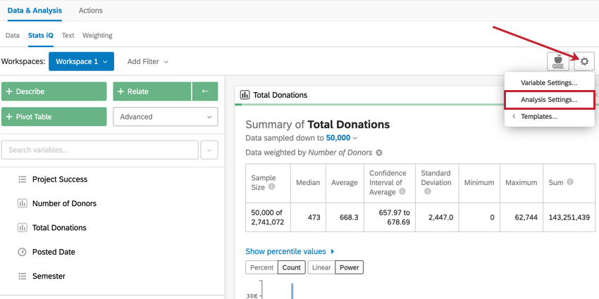 image of the gear icon in the top right hand corner of the Stats iQ workspace used to access analysis settings