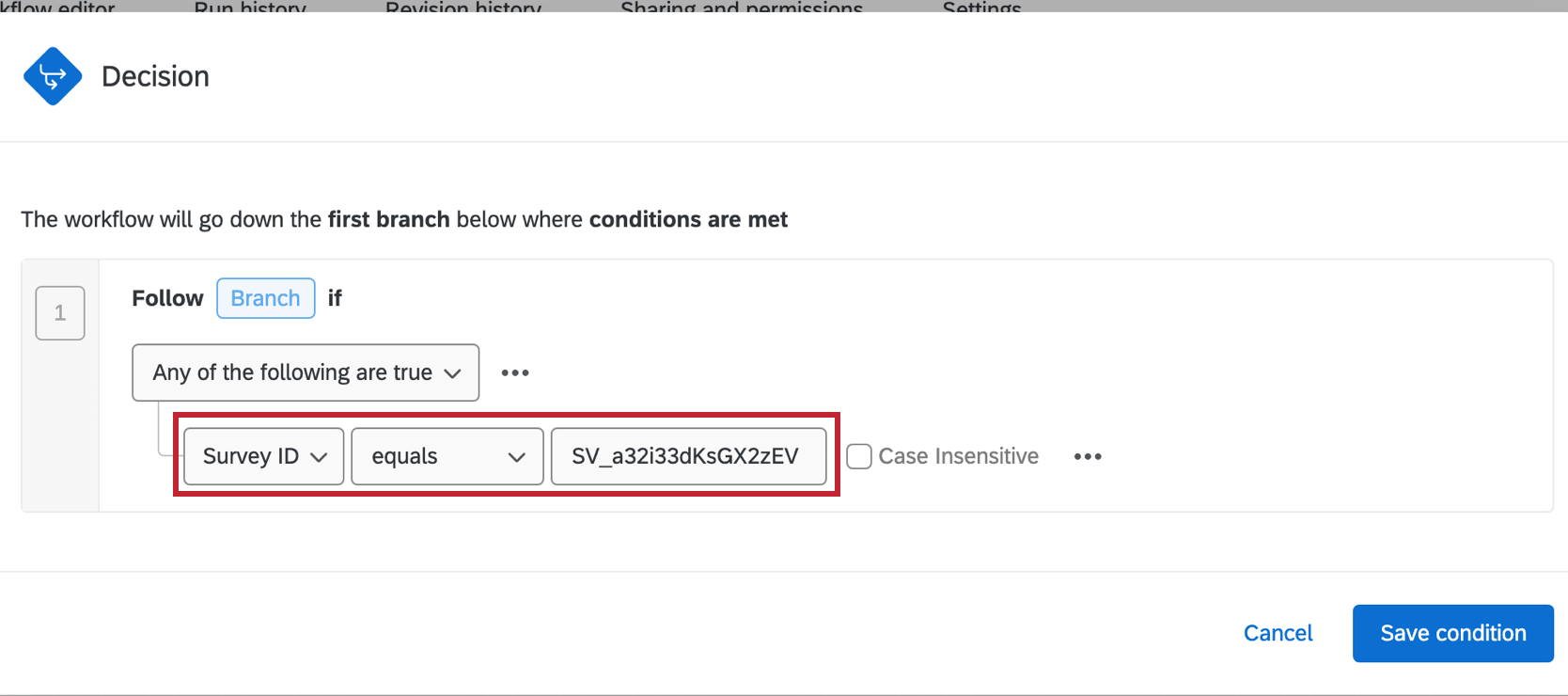 Évènement dun ensemble de conditions mis en place pour évaluer SurveyID pour les évènements danomalie iQ.