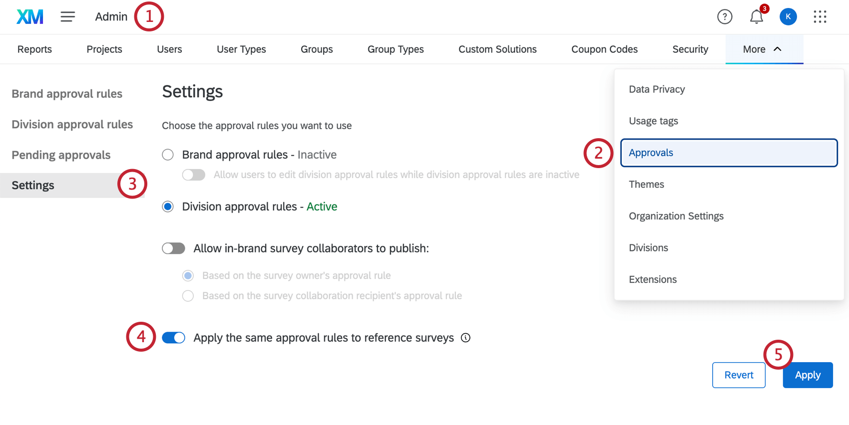 管理ページで、設定が表示されている APprovals タブを選択し、Apply the same approval rules to reference surveys（同じ承認ルールをアンケート調査に適用する）オプションを選択します。