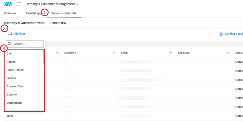 フィルターの追加ボタンとその下のオプション