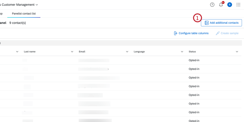 Add additional contacts button in the top right corner of the panelist contact list