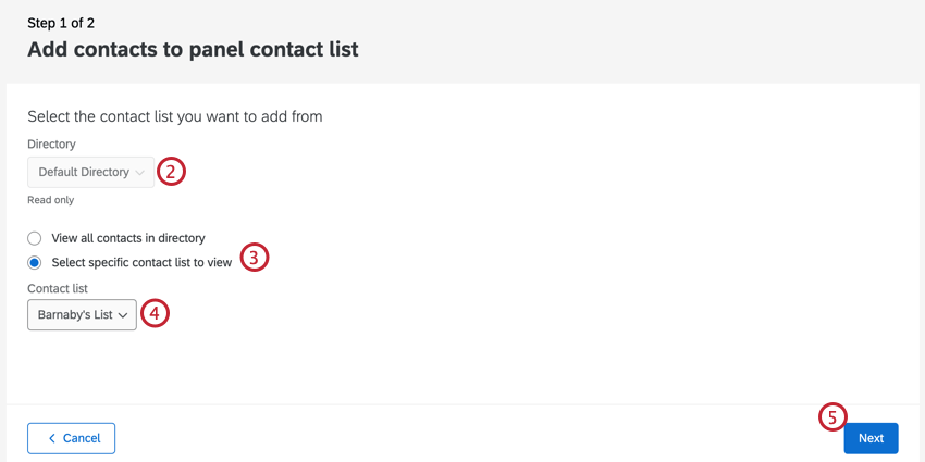 Select a directory and a contact list then click next