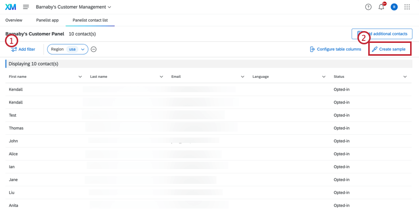 Create sample is highlighted
