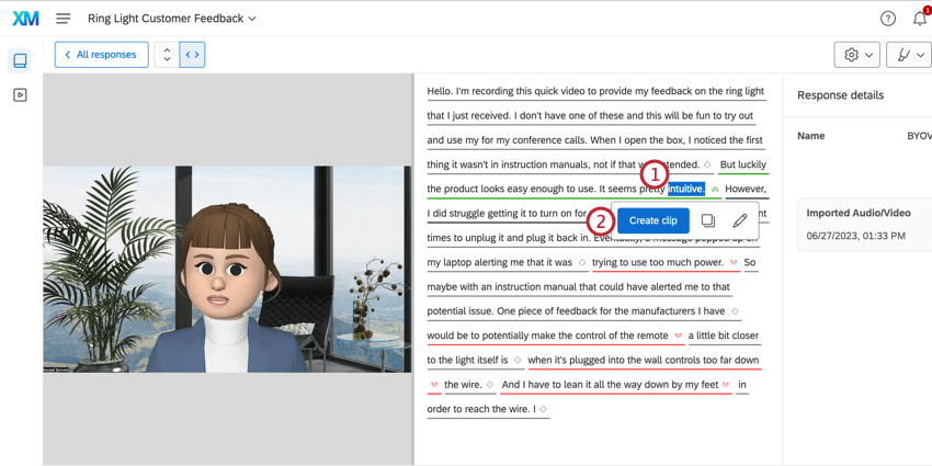 cliquer sur un mot dans une transcription