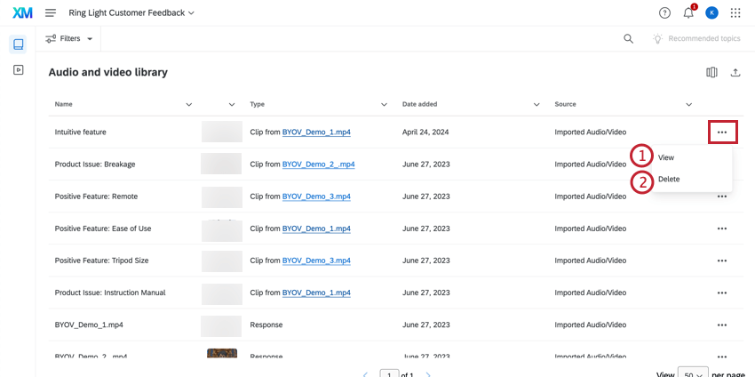 Manage clips in audio video library