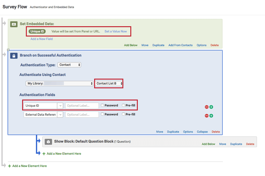 Image of Survey Flow with Embedded Data and Authenticator elements