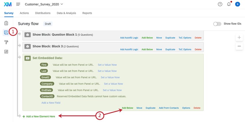 navigating to the survey flow and adding a new element