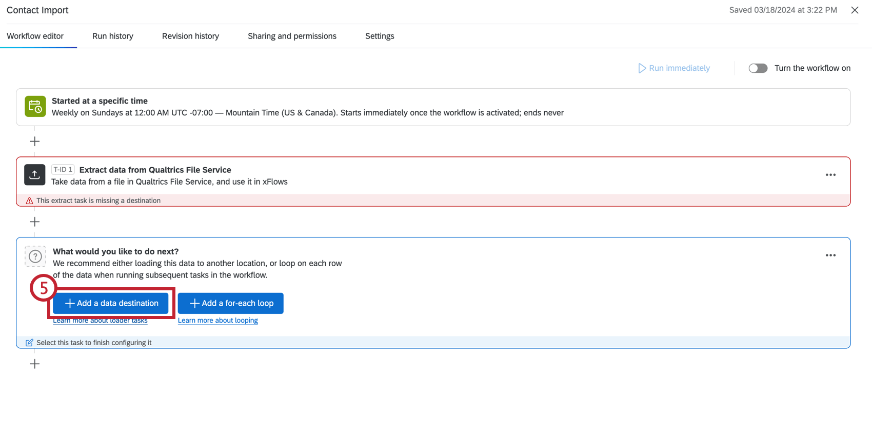Add a data destination button highlighted