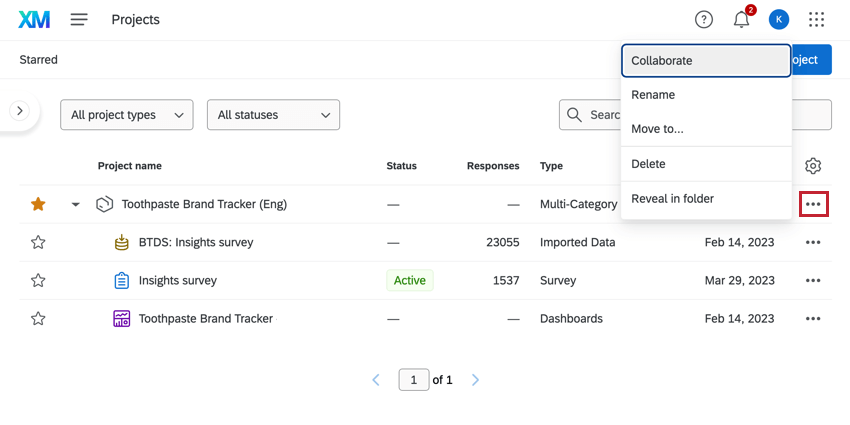 プロジェクトの次へ3つのドットメニュー