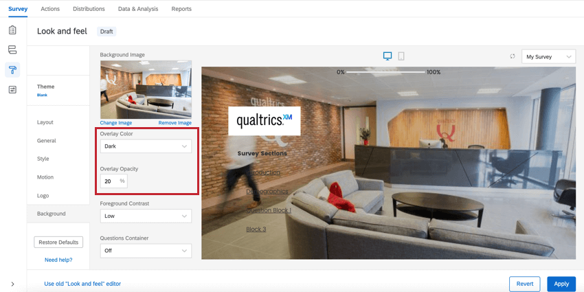 the background section of look & feel. the overlap options are highlighted