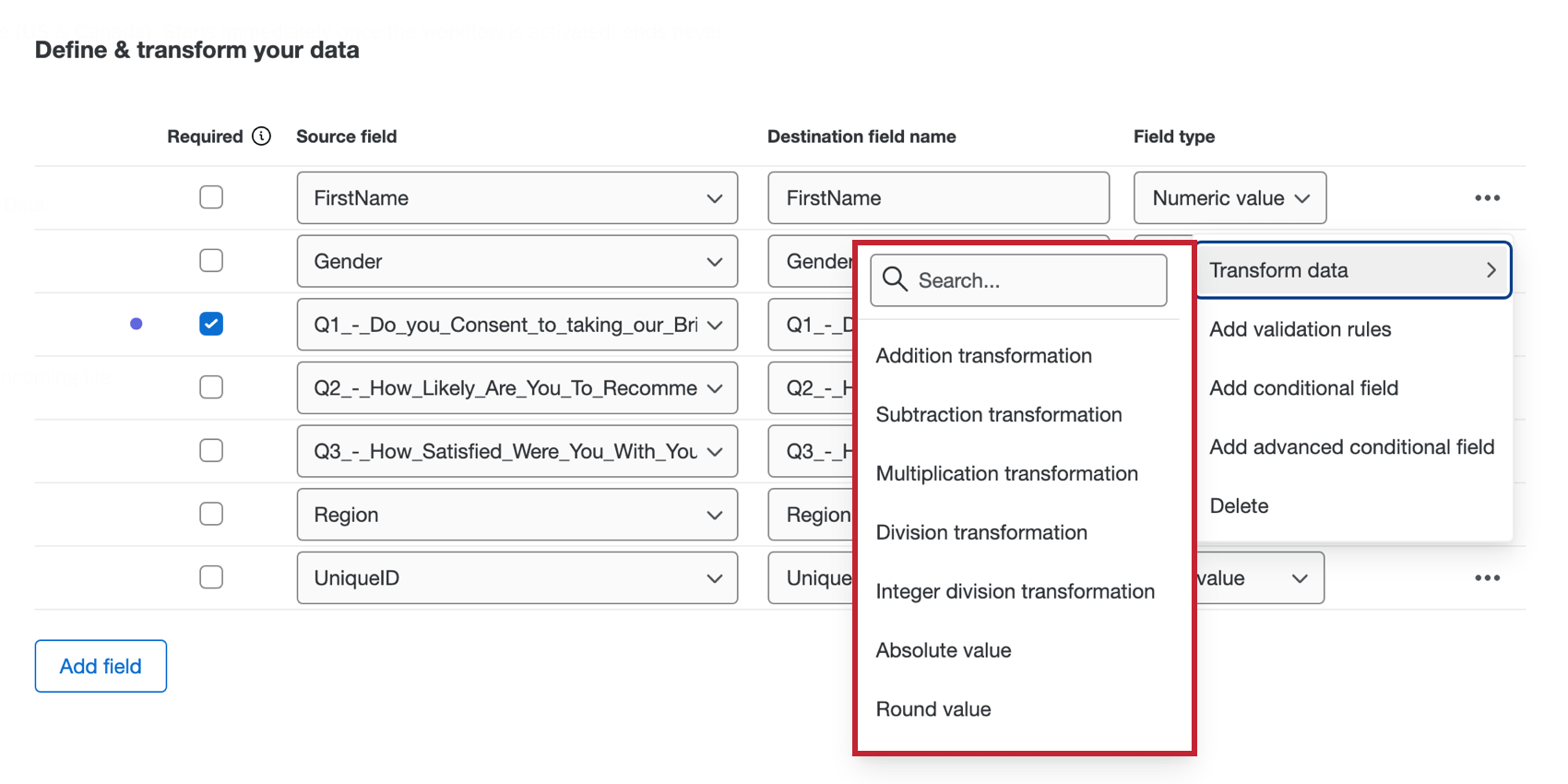 Operaciones de transformación de datos disponibles y destacadas