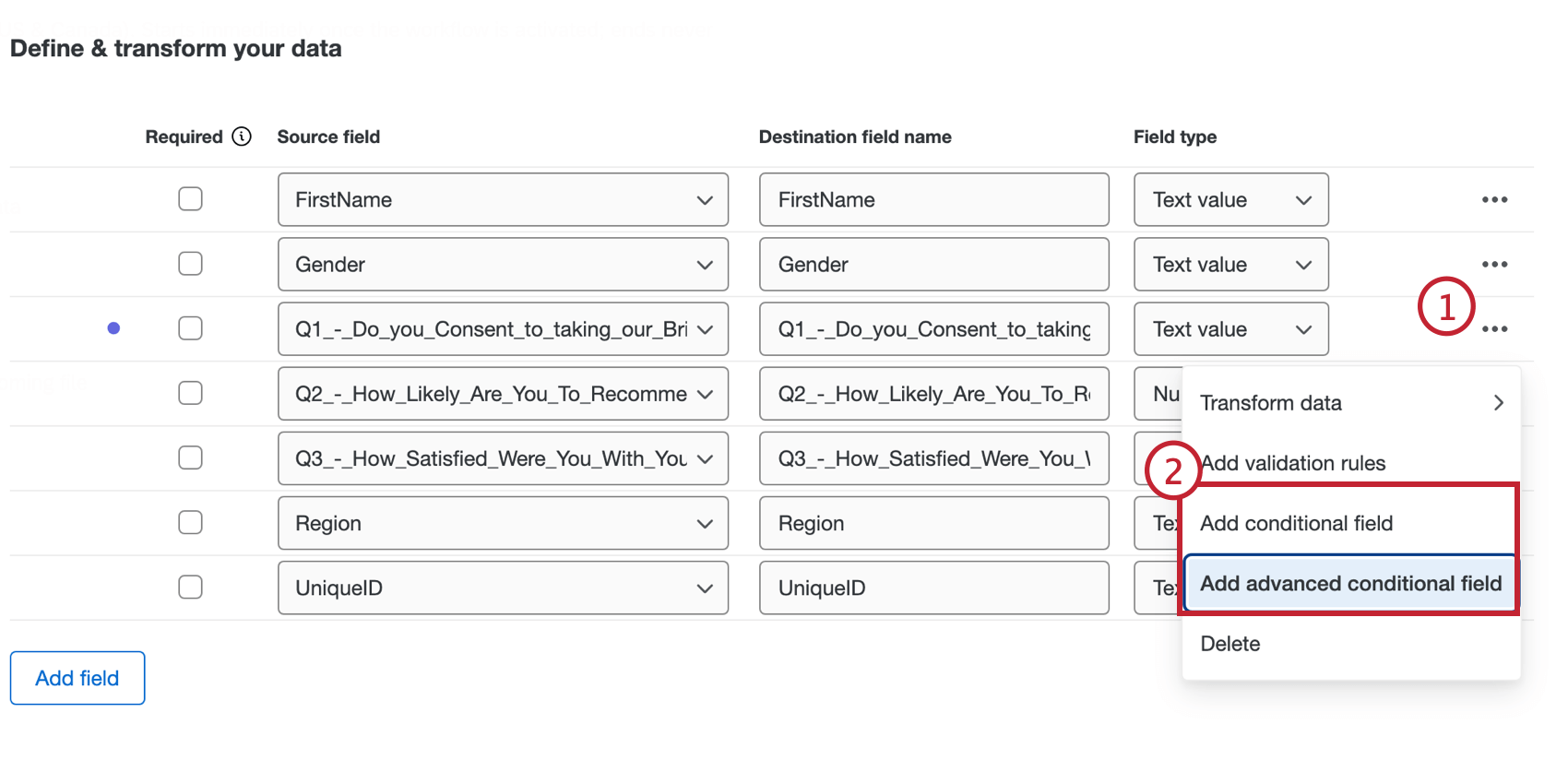 Cliquez sur le menu à trois points à droite, puis sélectionnez le champ conditionnel dans les options