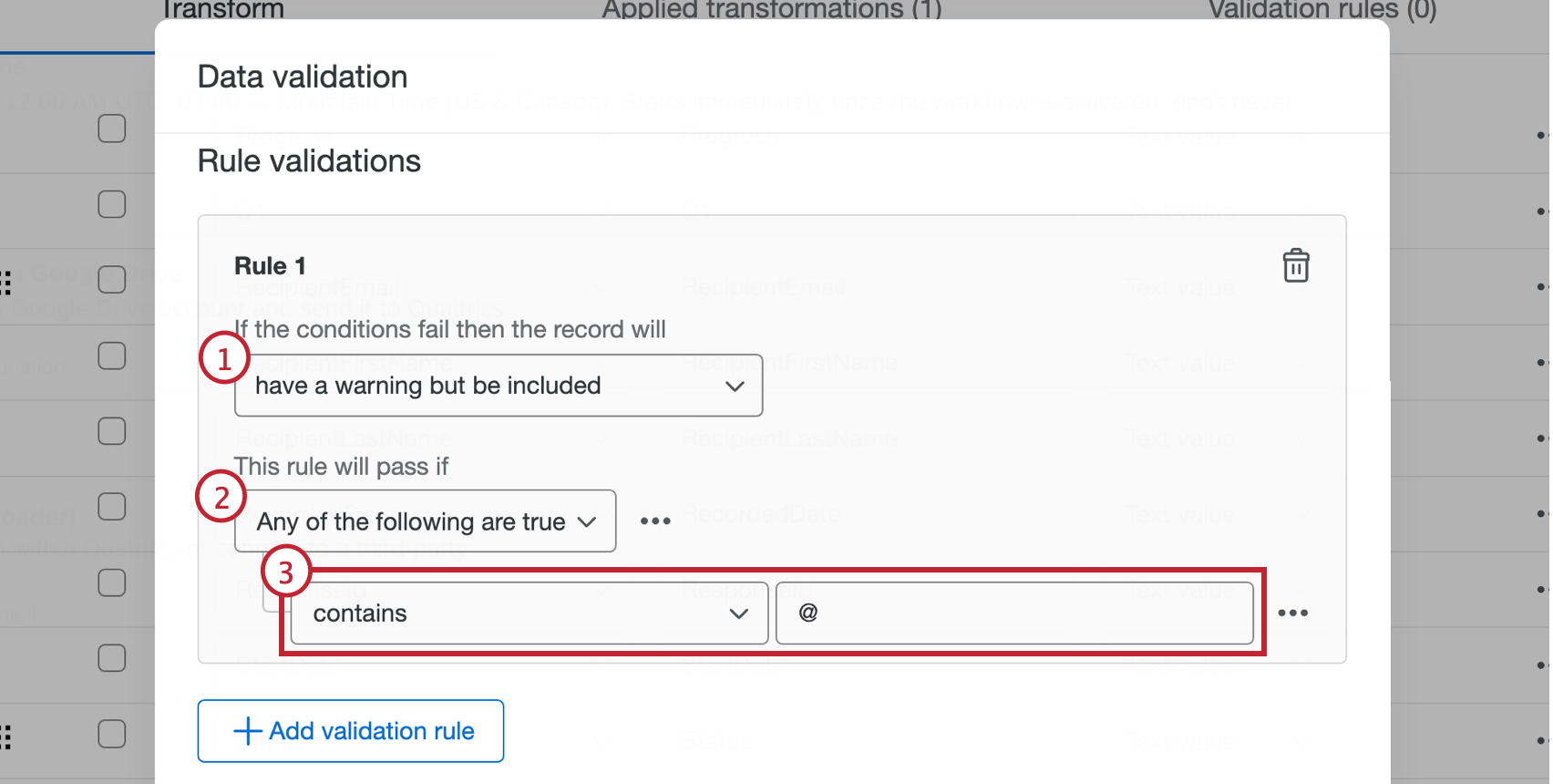 Configuración de validación de reglas en el menú de validación de datos