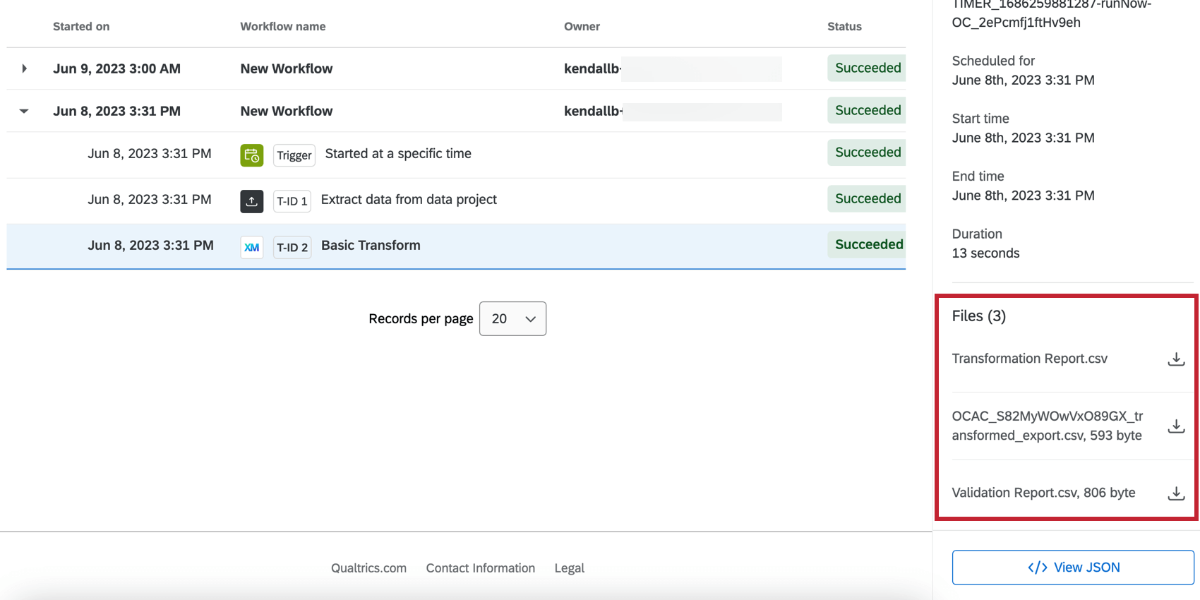 Highlights the fields generated by the data transform task from the run history menu