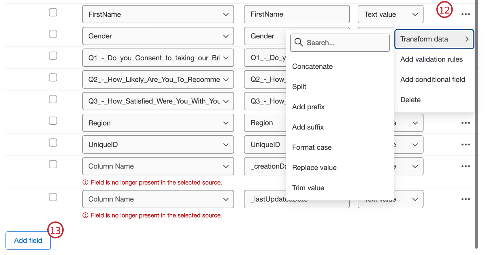 Menü mit drei Punkten und hervorgehobenen Transformationsdaten und Transformationsdatenoptionen. Auch hervorgehobenes Feld hinzufügen