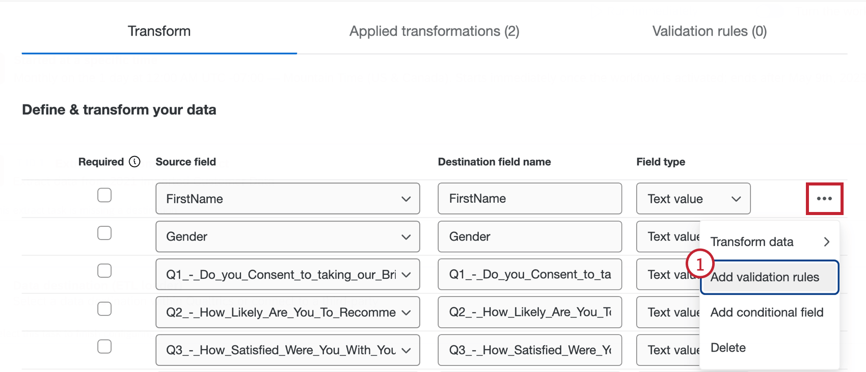 three dot menu with add validation rules highlighted