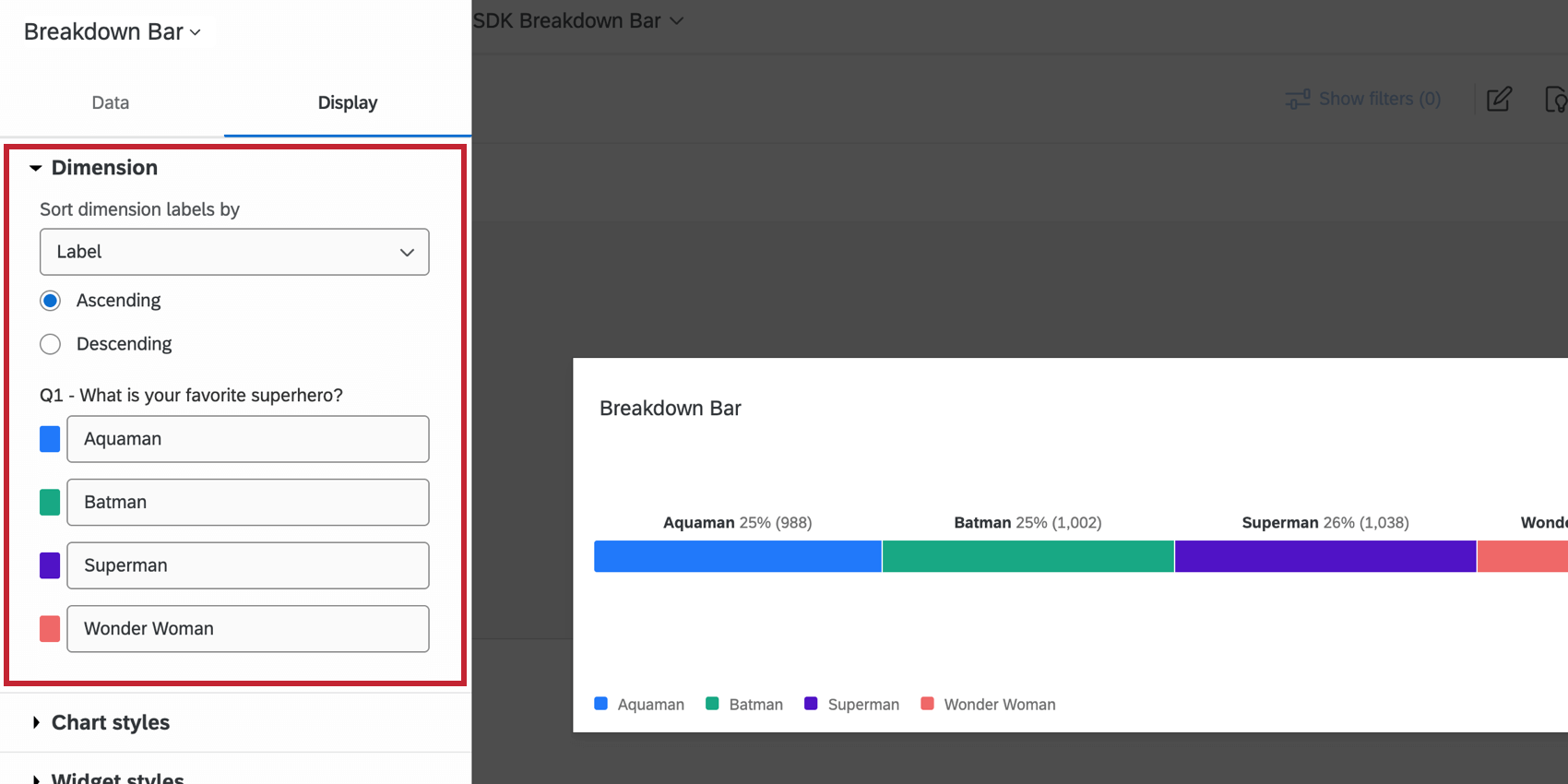 Opções de exibição no widget barra de detalhamento - seção de dimensão