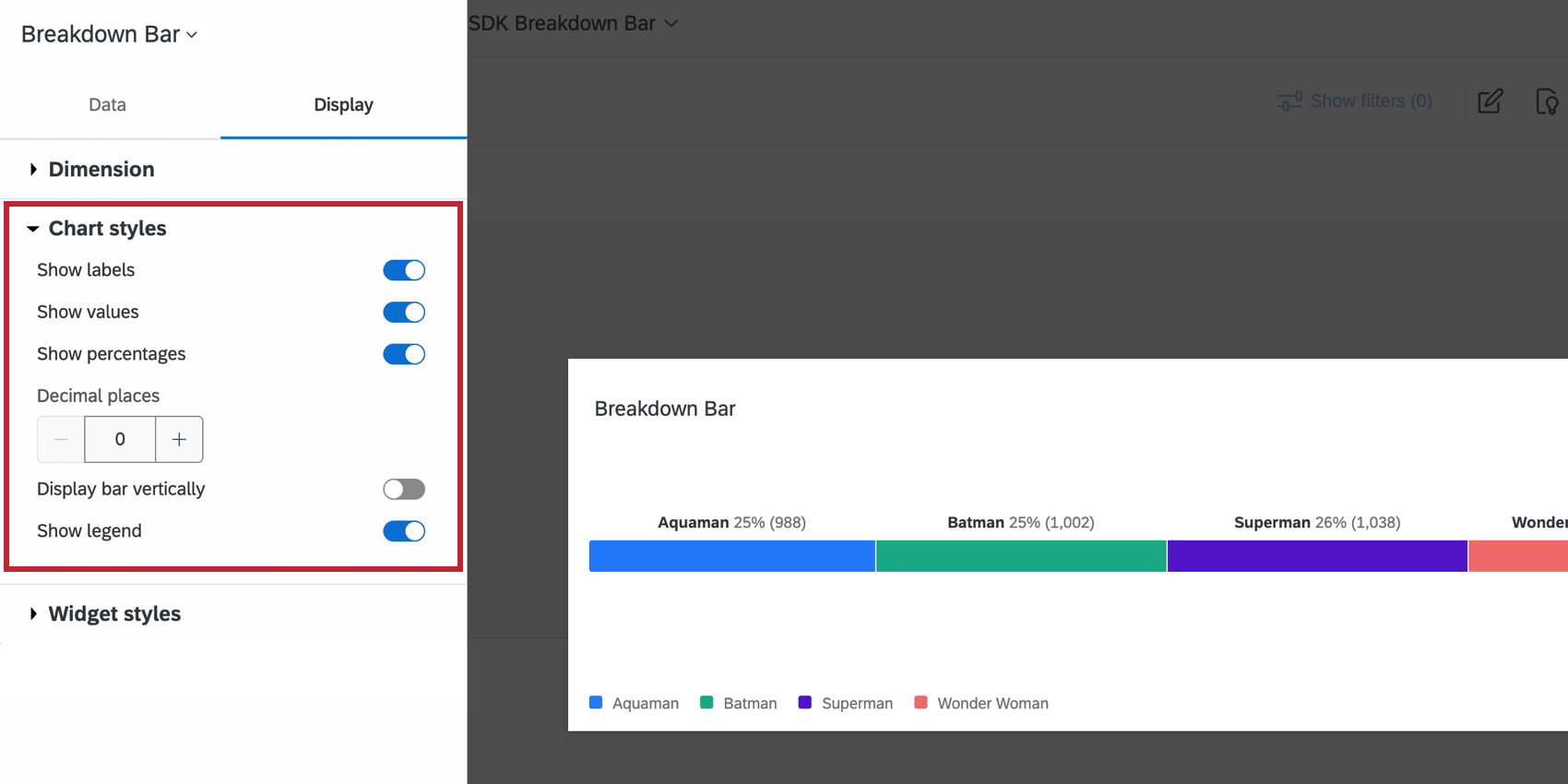 Der Abschnitt Diagrammstile im Menü Anzeigeoptionen