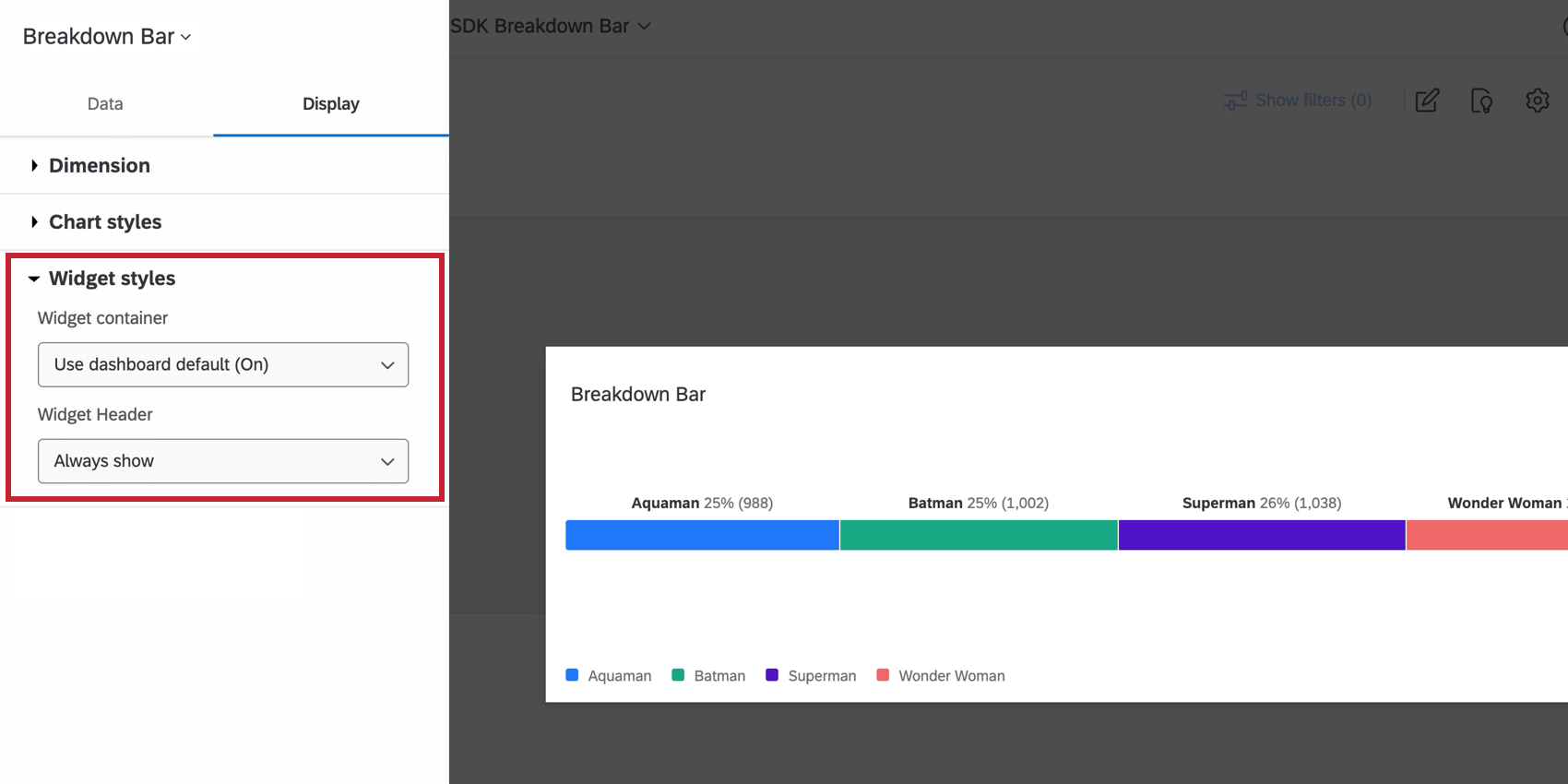 Der Abschnitt WIDGET-Stile in den Einstellungen der Anzeigeoptionen