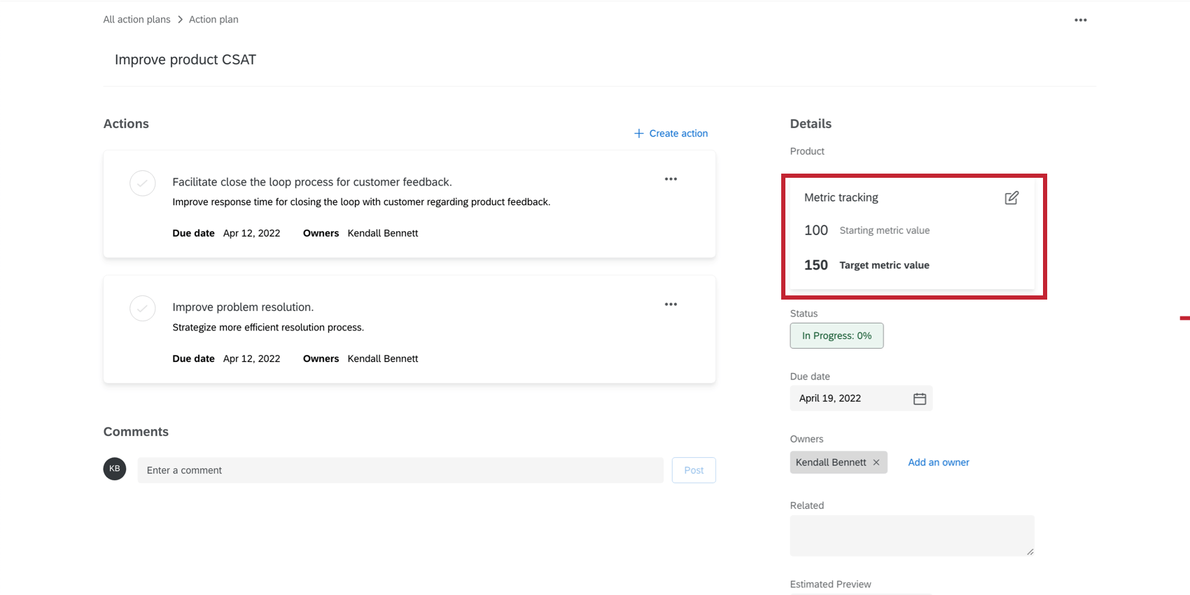 Berechnung des Metrikfortschritts im Aktionsplan.