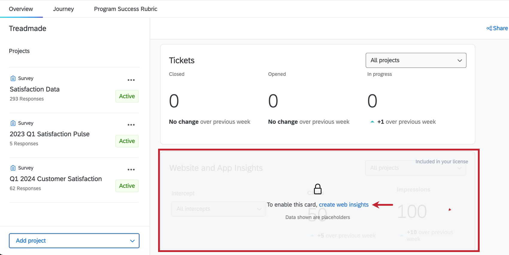 Cartão bloqueado em um programa CX com insight clicável