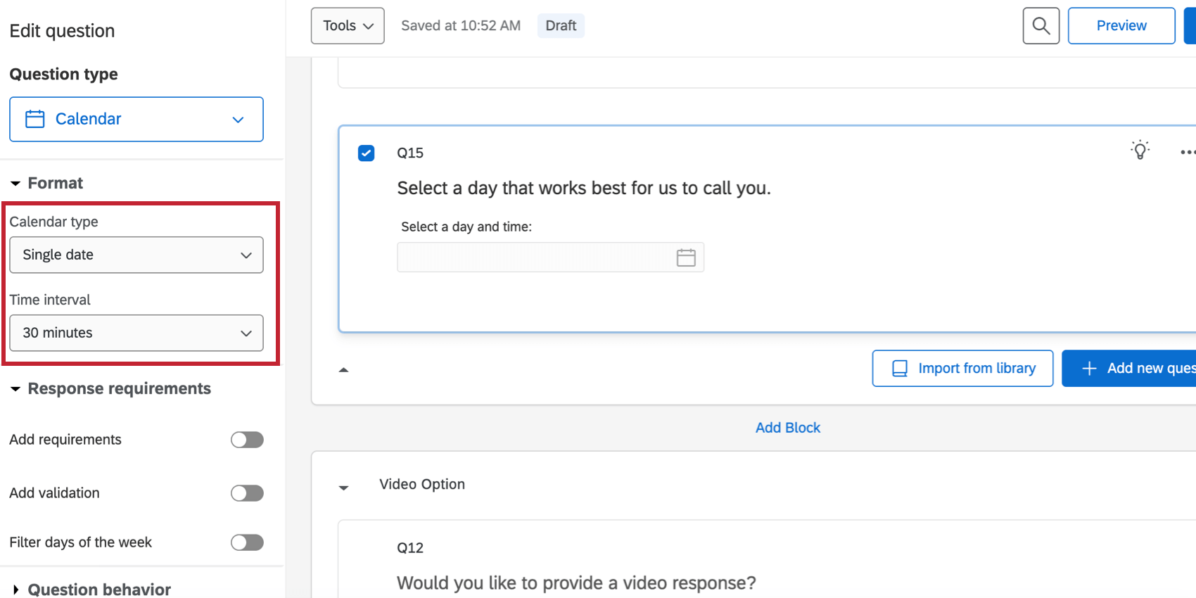 Format settings for the calendar question