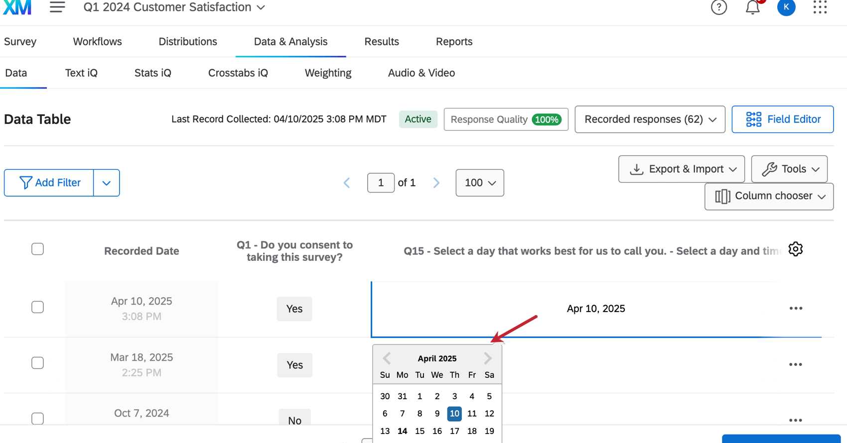 Editor de calendario en los datos y análisis