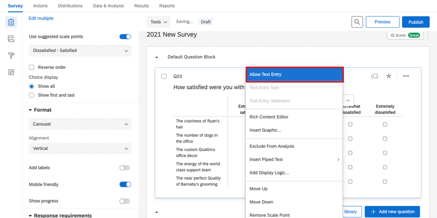 Die zulässige Texteingabe auf einem Skalenwert für eine Karussellmatrix