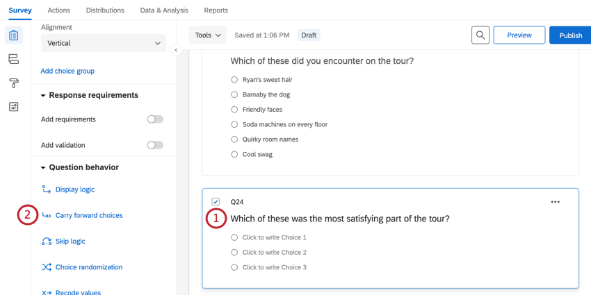 selecting a question and choosing carry forward choices