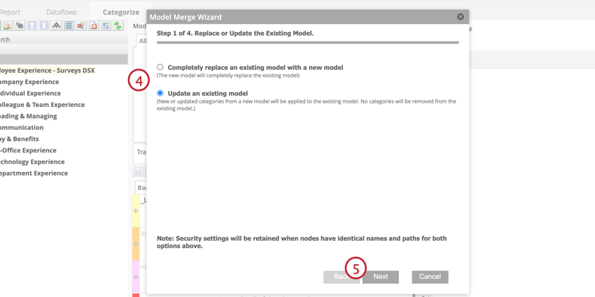 Update or replace the existing model then click next