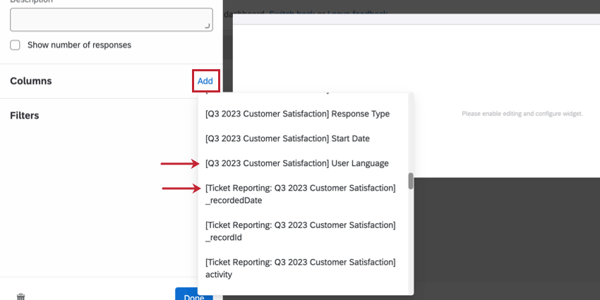 Muestra datos de emisión de tickets y encuesta en el selector de campos del Tablero