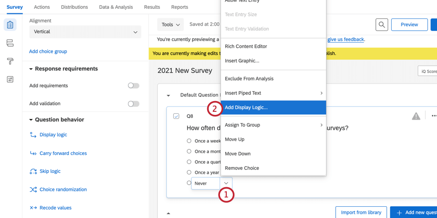 aggiungere la logica di visualizzazione a una scelta di risposta utilizzando il menu delle opzioni della scelta di risposta