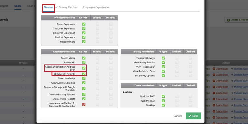 image of the "access organization address book" and "collaborate projects" permissions highlighted