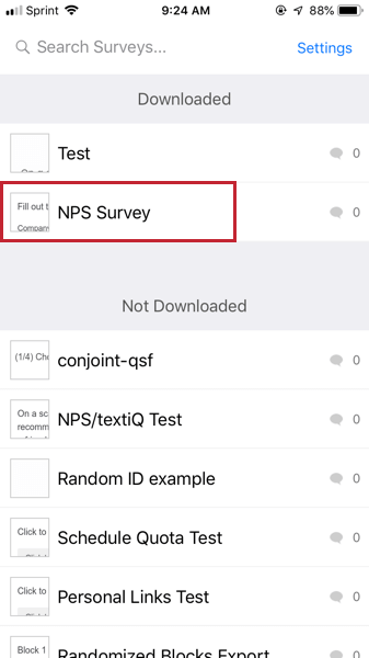 image of available downloaded surveys on the offline app