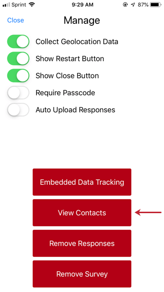 image of the manage settings with "view contacts" called out