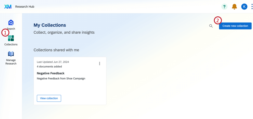 Collections tab, with create new collection button highlightec