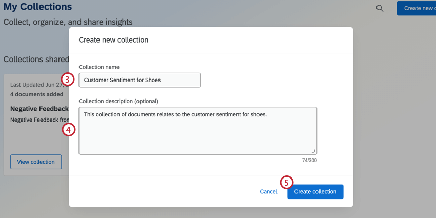 Enter a collection name, description. Create collection button