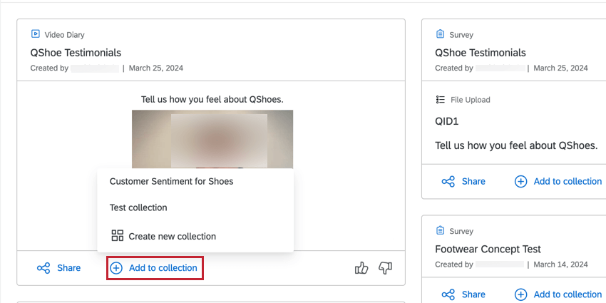 Add to collection button at the bottom of a search result