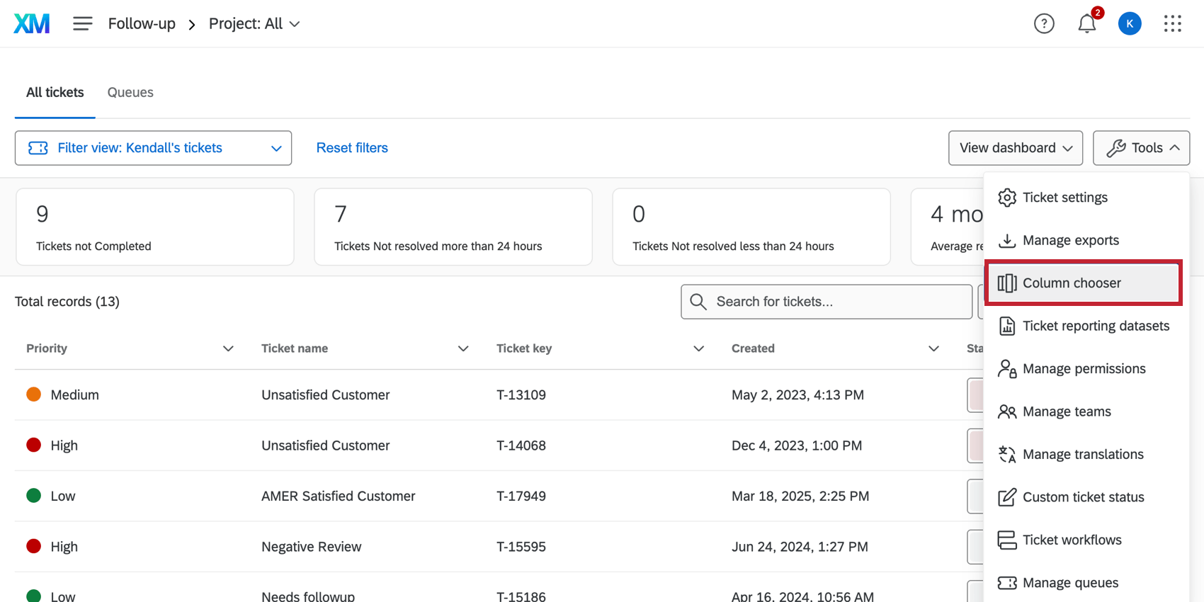 Tools button with Custom Ticket Status, Manage Teams, and Ticket Format options revealed