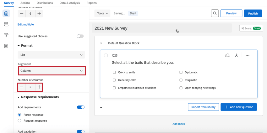 eine Multiple-Choice-Frage im Spaltenformat mit 2 Spalten