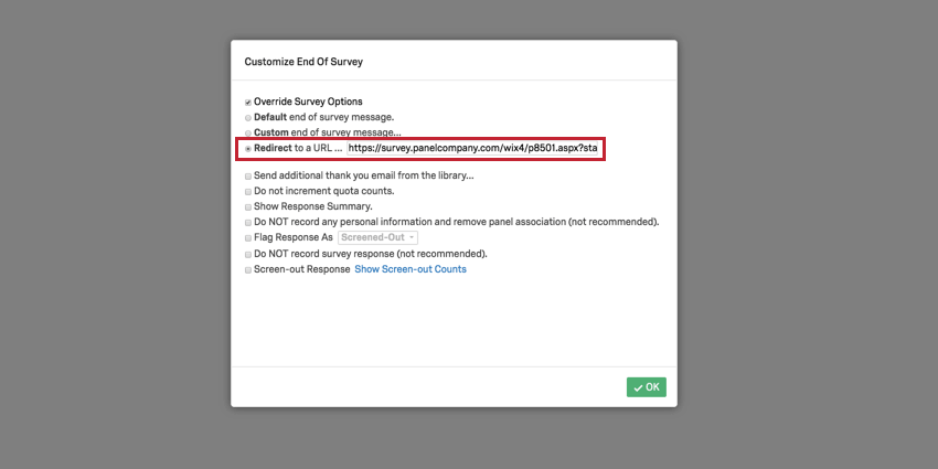 image of the completes link in the redirect to url field