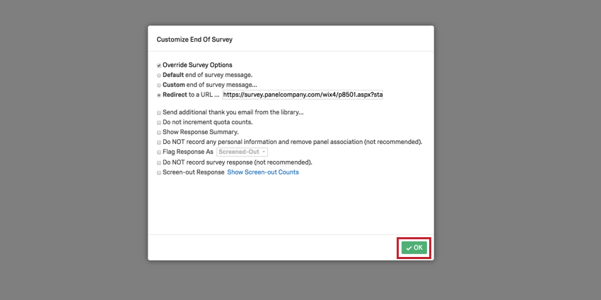 image showing the OK button highlighted in the customize end of survey screen