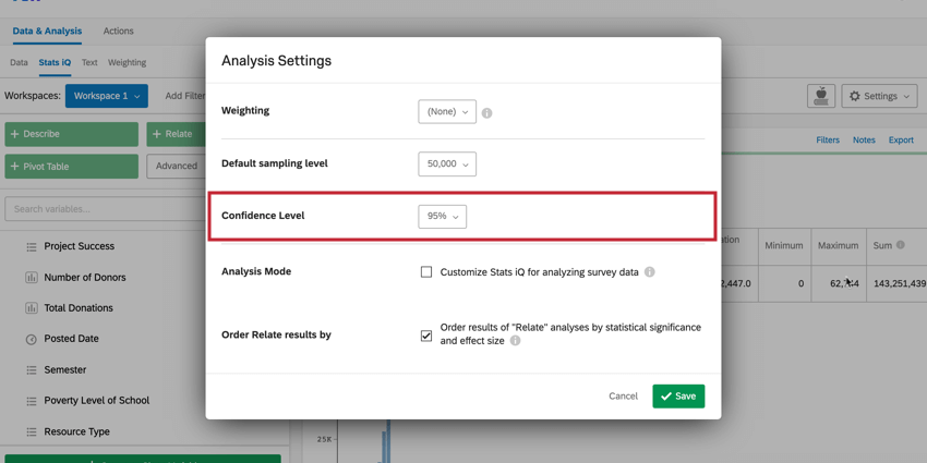 image of the confidence level option in analysis settings