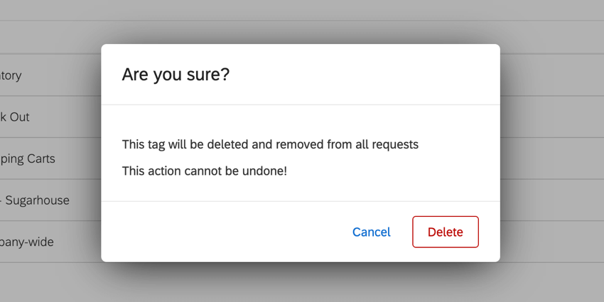 the confirmation window when deleting a tag