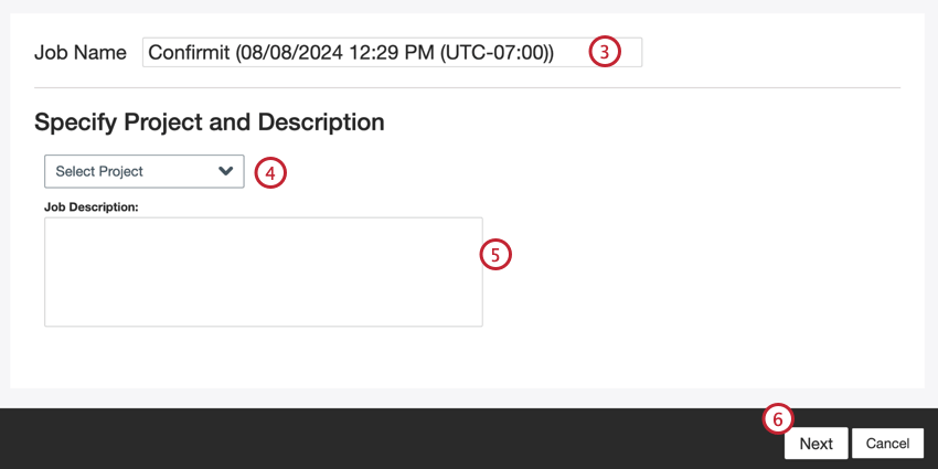 Project selection and job name/description