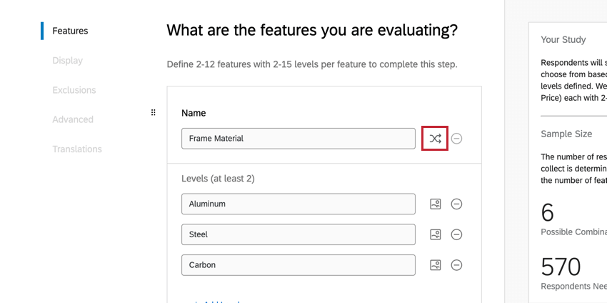 Randomized features icon next to a feature name