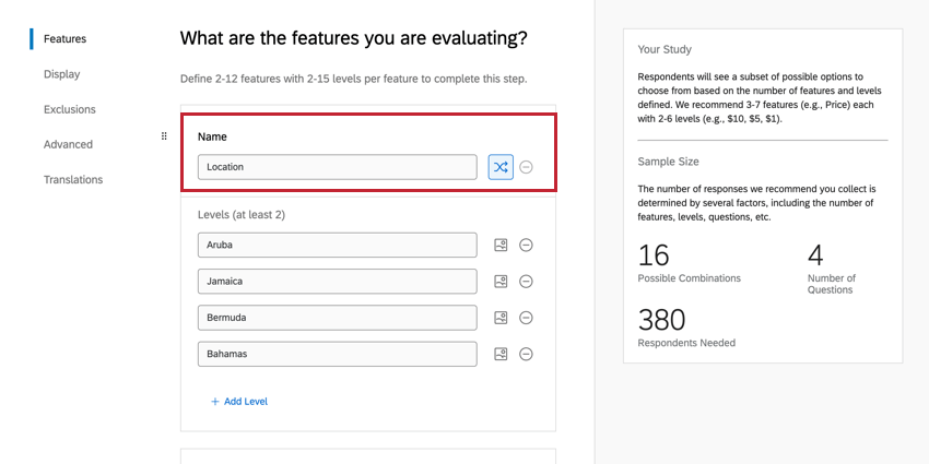 Campo de nome na parte superior de cada caixa de atributo